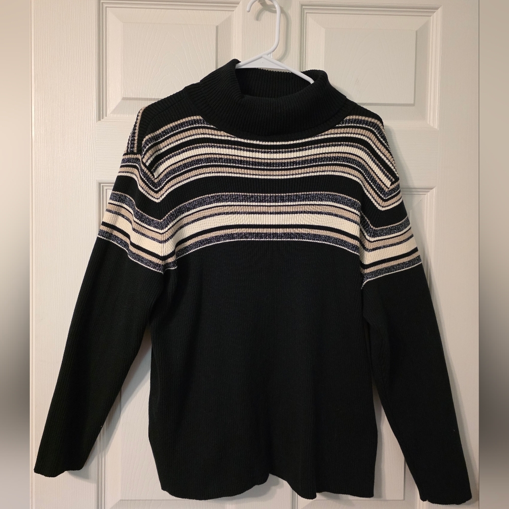 Denim&Co Black and Cream Striped Cowl-Neck Sweater